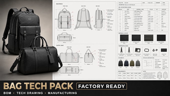 create a factory ready bag backpack handbag tech pack for manufacturing