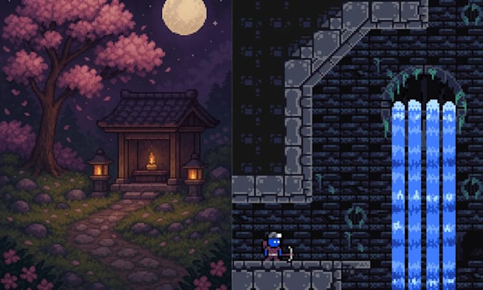 create pixel art background and game streams, scene illustration