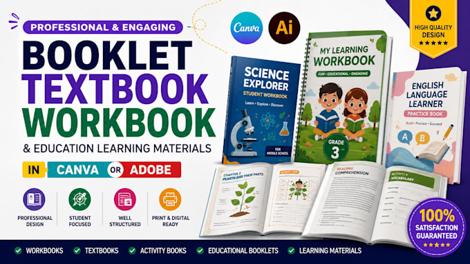 do booklet textbook workbook and education learning materials in canva or adobe