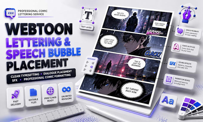 do professional webtoon lettering, comic typesetting and speech bubble placement