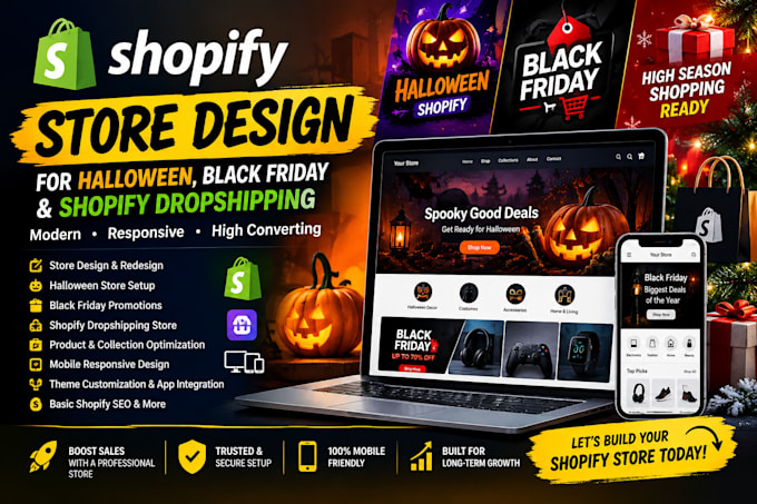 design halloween shopify store, black friday shopify marketing and dropshipping