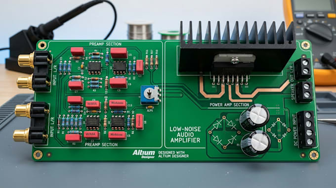 design low noise audio amplifier pcb, analog electronics, preamp and power amp