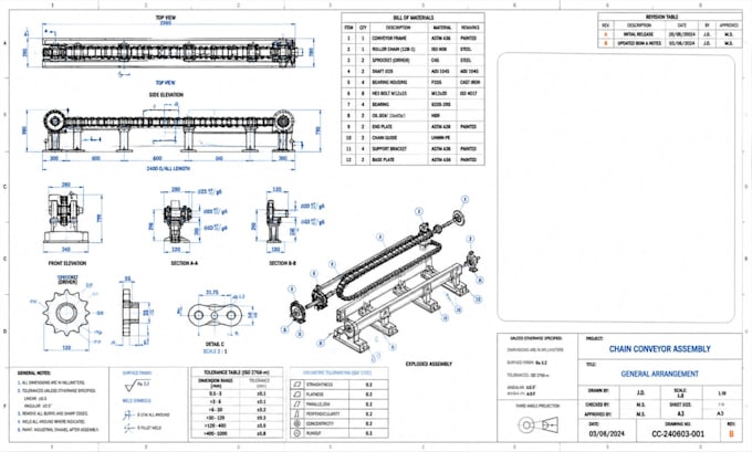 design chain conveyor cad, sprocket assembly and technical drawings step