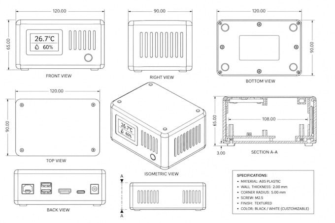 3d cad plastic enclosure design for electronics pcb iot devices injection mold