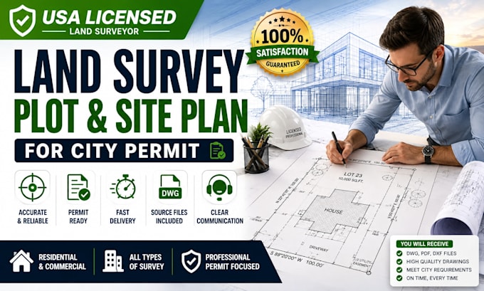 provide USA licensed land survey, plot plan and city permit site plan