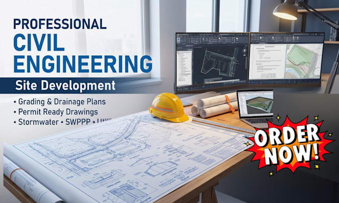 create civil engineering site development, grading, drainage plan and swppp