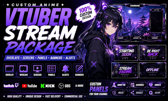 create anime vtuber overlay, twitch graphics, youtube banner and background