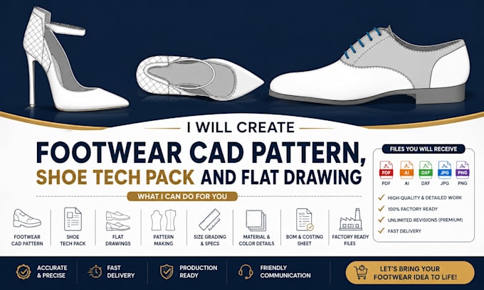 create footwear cad pattern, flat drawing  and shoe  tech pack