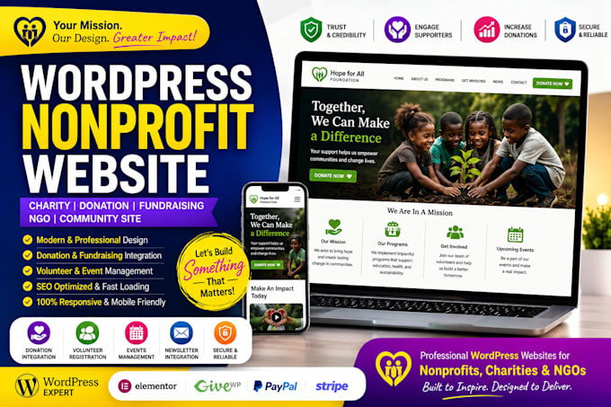 design wordpress nonprofit 501c3 website charity donation fundraising system