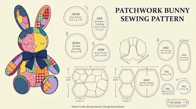design a professional plush sewing pattern PDF for toys and plushies