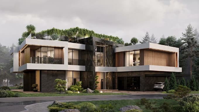 build exterior render from dwg elevation,cantilever building structure,floorplan
