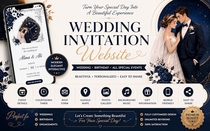 create a wedding invitation website with rsvp,map, countdown, music