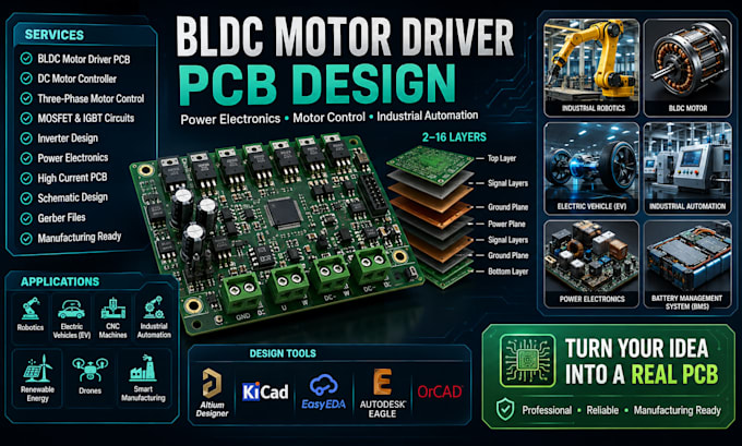 design dc, bldc motor driver pcb, power electronics, inverter and motor control