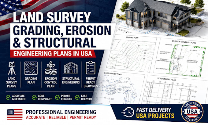 draw land survey plans, grading plan, erosion plan, structural engineering in US