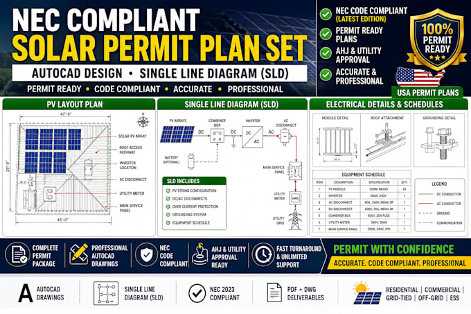 design nec compliant solar permit plan set, autocad and sld