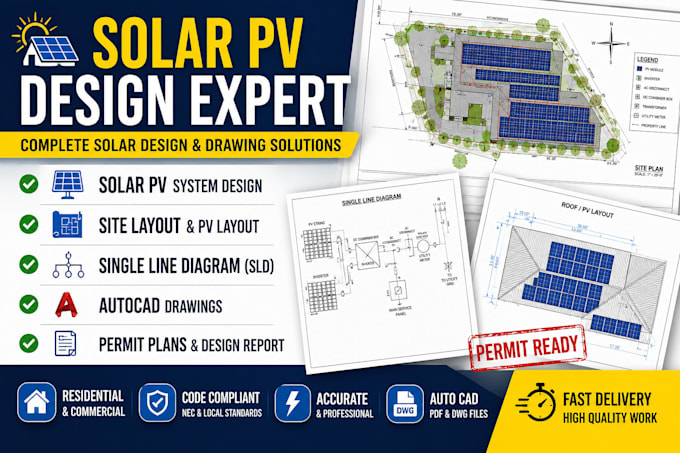 design solar pv systems, permit plans, layouts, sld autocad