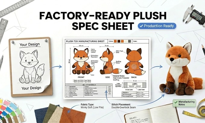 create a plush toy tech pack and manufacturing spec sheet