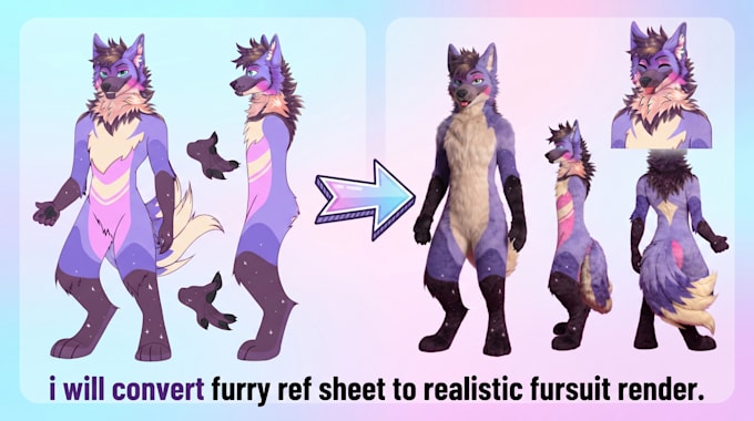 convert furry ref sheet to realistic fursuit render