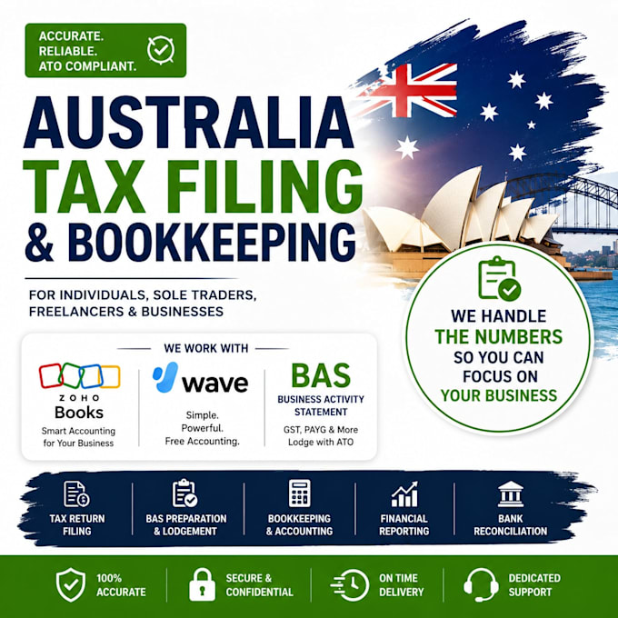 prepare australia bas, tax return and bookkeeping using zoho, wave, quickbooks