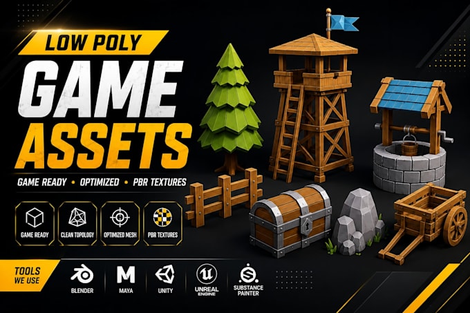 create low poly game assets and 3d props for unity and unreal engine