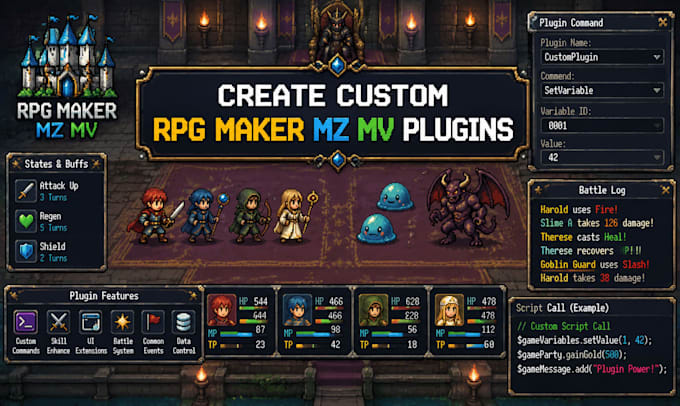 create custom rpg maker mz mv plugins and javascript scripts