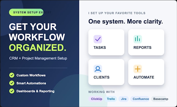 set up crm management software nifty trello  clickup confluence jira basecamp