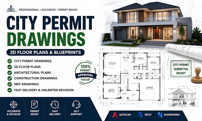 create city permit drawings, 2d floor plans, blueprints and construction drawing