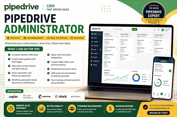 pipedrive administrator, pipedrive crm setup, crm, data entry, email automation