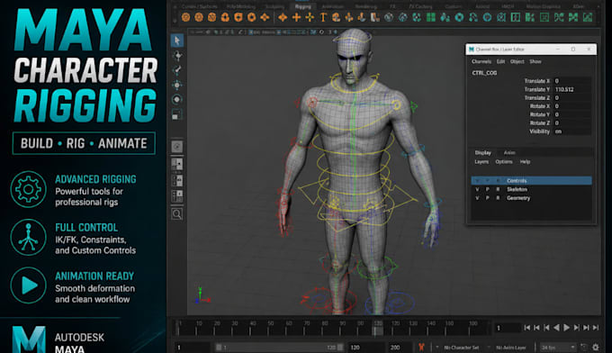 rig autodesk maya character with advanced controllers and weight painting