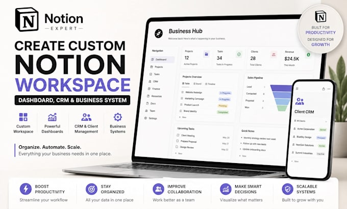 create custom notion workspace, dashboard, CRM, and business system