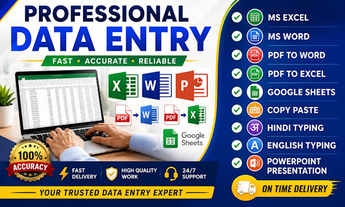 do accurate data entry, word, excel, powerpoint, typing and PDF conversion