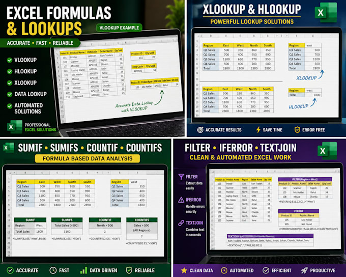 create excel formulas, vlookup, xlookup, and data solutions