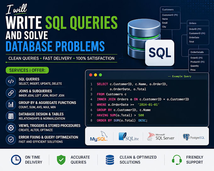 write sql queries and solve database problems