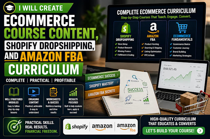 create ecommerce course content, shopify dropshipping, and amazon fba curriculum