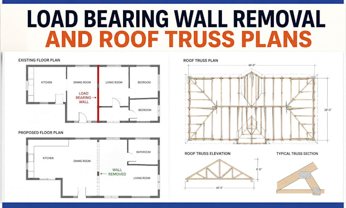 design load bearing wall removal and roof truss plans