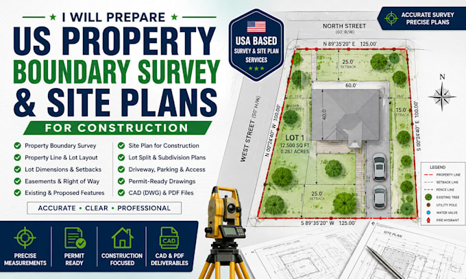 prepare US property boundary survey and site plans for construction
