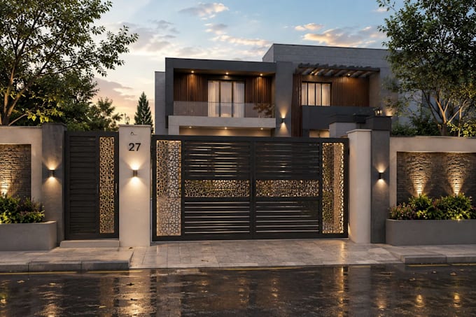 design fence banner, mesh banner, draw modern gate with 3d rendering