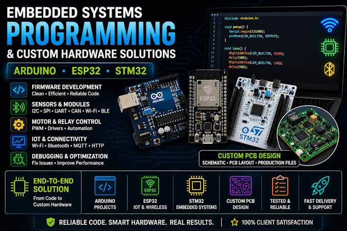 do embedded systems design and programming arduino, esp32 and stm32