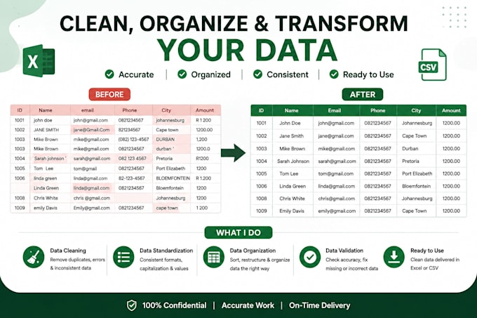 clean organize format and process your data in excel or CSV
