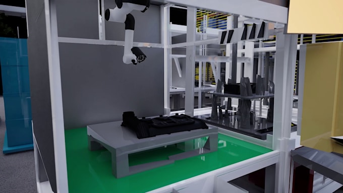 create 3d factory automation, robotics, 3d manufacturing line animation