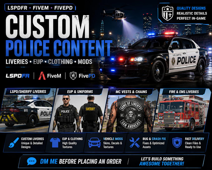 create custom fivem eup, lspdfr liveries, clothing and fivepd mods, lspdfr car