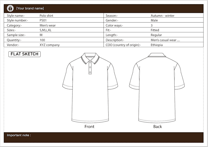 design a complete polo shirt tech pack and technical flats