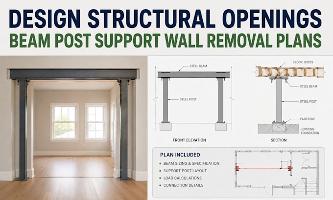 design load bearing wall removal plans with beam and post support
