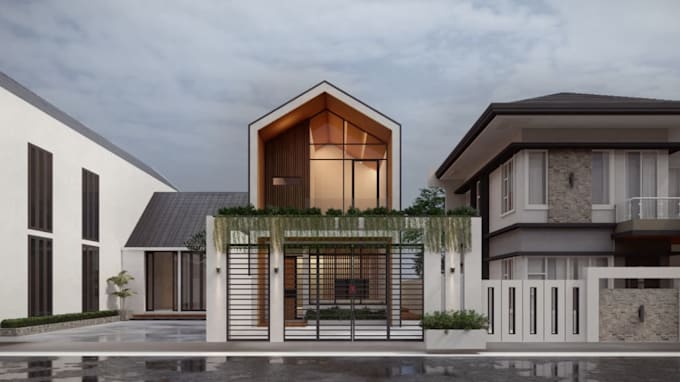 nordic house design, concrete home, facade render, japandi exterior,bim render