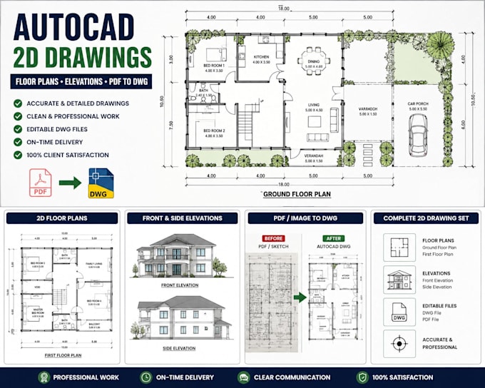 create 2d autocad floor plans, elevations and PDF to dwg