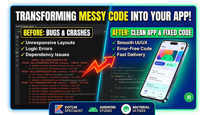 fix android kotlin bugs, clean ui errors, or modify layout