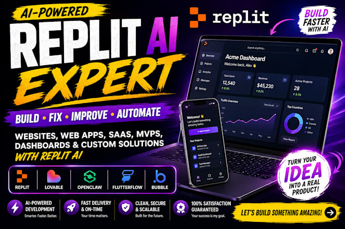 build replit ai app, replit website, fix bugs and debug