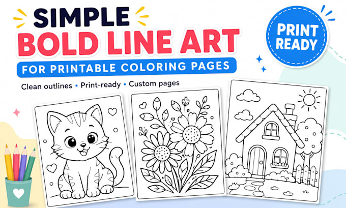 create simple bold line art for printable coloring pages