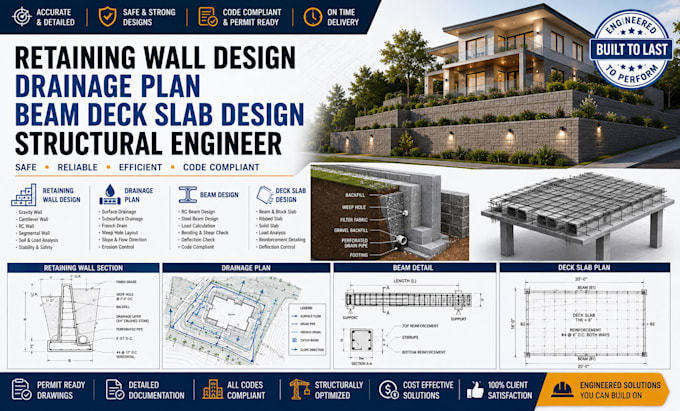 retaining wall design, drainage plan beam deck slab design structural engineer