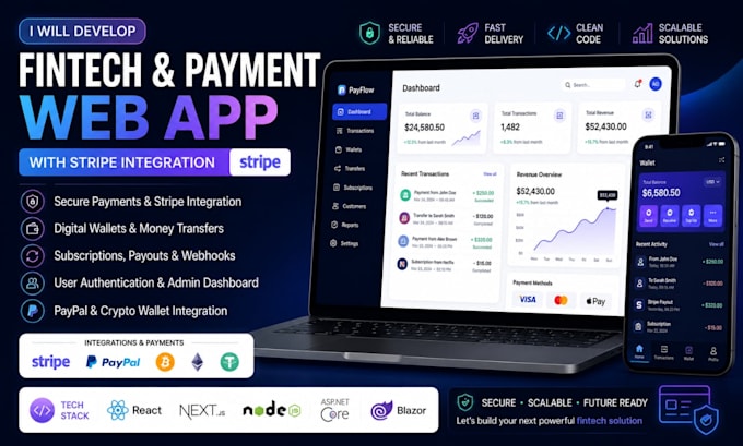 develop a payment web app, fintech app and stripe integration